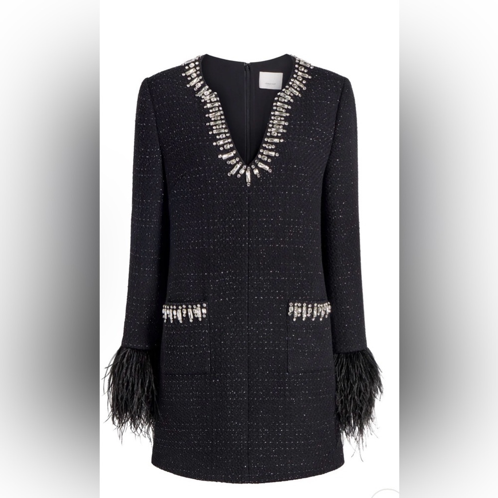 Cinq à Sept Black Boucle Embellished Long Sleeve Dress with feather sleeves